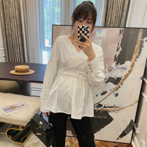 LeoMami pregnant women shirt spring and autumn design sense niche high waist white long sleeve shirt loose belly top