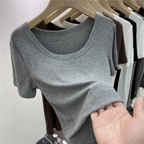 Japanese gray short sleeve T-shirt female summer 2021 New thread slim slim slim thin low round neck bottomed top ins ins