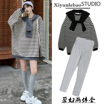 Pregnant Woman Spring Dress Suit Fashion style Big Code Loose Striped Blouse Blouse Spring Long Sleeve Sweater Lady Spring Fall in the middle of the spring