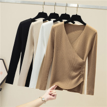 Autumn 2021 new womens wear v-neck cross slim long sleeve bottomed sweater T-shirt sweater top winter