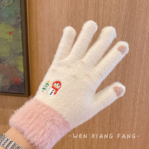 Korean version of gloves Winter female ins cute Christmas cartoon five finger gloves plus velvet thick cycling students touch screen