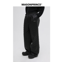 MASONPRINCE winter thickened black pu leather quilted cotton pants male tide card ins loose casual style straight drum pants