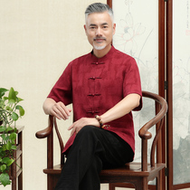 Chinese style Tang suit mens summer thin short sleeve suit middle-aged mens grandpa clothes wedding Hanfu dad dress
