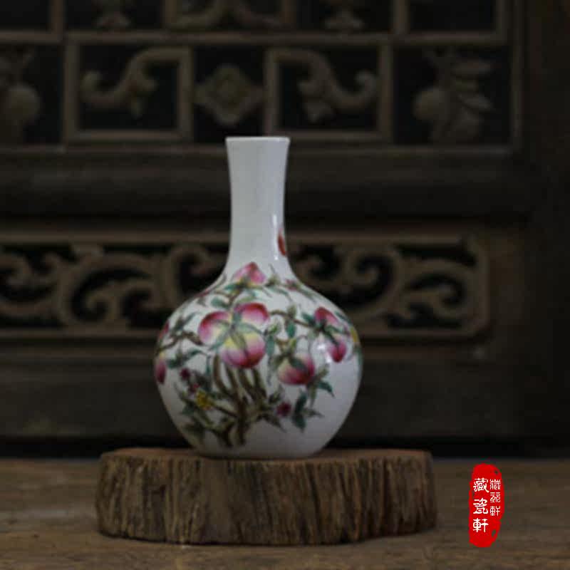 居仁堂製 粉彩 桃図 天球瓶 高さ約17.3cm 箱付き 居仁堂製 粉彩 桃図