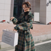 VenusDream green retro plaid woolen coat women long 2021 new cashmere coat women winter