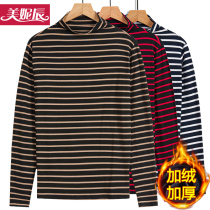 Middle-aged mother Spring and Autumn stripes loose autumn winter plus velvet base shirt grandma half high collar middle-aged women long sleeve