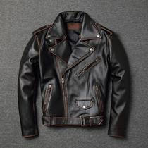 Haregenuine Leather Leather Clothing Mens Autumn Short capsized retro made of old head layer Bull Leather Casual Locomotive jacket Jacket Jacket Tide