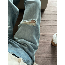 Moc Mbechic retro made of old washed wide-legged pants small sub loose straight cylinder Broken Cave Jeans Womens Summer