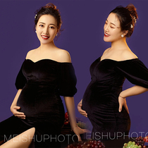 Exhibition new pictorial style theme Hong Kong style pregnant women image clothing slim velvet dress retro photo dress