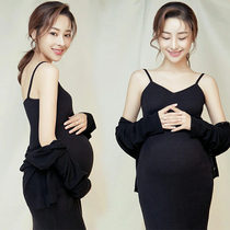 Net Red New pregnant women Photo clothing photography clothing exhibition black knitted sling cardigan pregnancy photo clothing