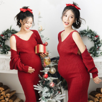 New pregnant woman photo Net Red New Year Christmas theme Art Photo winter knitted sweater dress pregnancy photo clothing