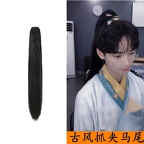 Ancient costume Chinese clothing wig male tiger mouth grab clip style horsetail ancient hair bag male long hair natural realistic wig ponytail female