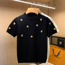 Europe and the United States light luxury fan summer tide men round neck short sleeve t-shirt Bee embroidery slim thin breathable sweater men