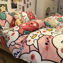 (48 hours shipped) cute little duck cartoon washed cotton pink four pieces of bed sheet children student three pieces