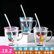 Dinosaur childrens Milk Cup with scale anti-drop glass can be microwave oven heated ring bottle baby straw drinking cup
