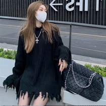 Large size hole pullover lazy wind sweater womens autumn and winter design sense loose thin thick thick medium and long knitted sweater