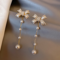 Taran light luxury bow earrings 2021 New Tide autumn and winter niche temperament long pearl earrings earrings female