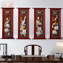 Jade carving decorative painting Chinese living room entrance sofa background wall hanging screen four screens three-dimensional relief painting peony flowers and birds
