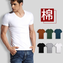 Short Sleeve T-shirt Men V Collar Pure White T Compassionate Tight Fit Chicken Heart Collar Summer Hitch White Undershirt Man