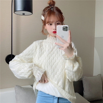 Plus velvet lace base shirt Women in autumn and winter with foreign half high collar thick winter coat 2021 new small shirt