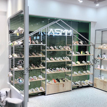 Customized Net red shoe shop window shoe rack display stand solid wood door glass window shelf multi-layer floor creative roof shape