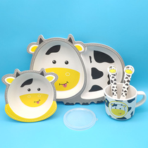  Bamboo fiber cartoon dinner plate baby grid household childrens tableware set Baby eating auxiliary food bowl plate spoon fork cup