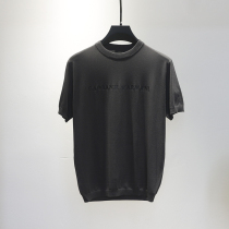 Mens Ice Silk dark gray Tide brand half sleeve sweater summer thin slim round neck print short sleeve wool T-shirt tide tide