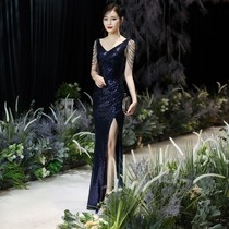 Shoulder tassel evening dress dress women 2021 new summer explosion temperament banquet fishtail high-end host dinner