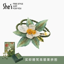 shes Van Gogh rose handmade laminated flower embroidery leaves romantic double strand hair rope hair circle Hair ornaments Ponytail flower head ornaments