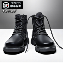 Martin Boots Mens High Spring and Autumn Leather Black Mid-Gang Leather Shoes Outdoor Combat Boots Military Hook Boots Men
