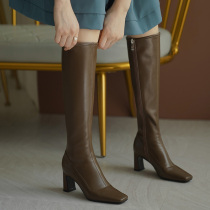 Fat mm boots womens thick legs big tube womens boots no knee Knight boots square head boots high heeled real sheepskin