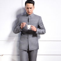 Chinese tunic mens youth suit host wedding emcer stage dress small suit National style stand collar coat Gray