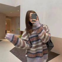  Small man contrast color lingge sweater lazy wind wear loose Hong Kong retro sweater top 2021 new autumn