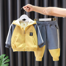 Male baby thickened suit autumn and winter children plus velvet clothes baby hooded clothes boys winter two-piece set
