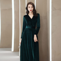 Velvet evening dress female 2021 New banquet high end long sleeve dark green conductor senior dress