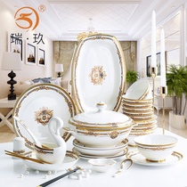 Light luxury bone China tableware bowl set Household 60 head housewarming gift tableware European-style hotel tableware set bowl set