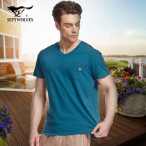 Seven wolves men's pajamas men's summer cotton short sleeve home casual cotton T-shirt thin household clothing top