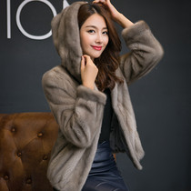 New womens Haining mink fur coat short mink coat with cap imported velvet whole marten fur