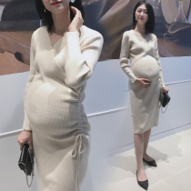Slim stretch pregnant womens knitted dress long bag breech sweater dress spring and autumn base skirt tight skirt
