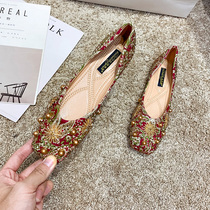 Wedding bridal shoes toast 2021 square head flat heels with embroidered grass clothing shoes can usually wear comfortable large size single shoes