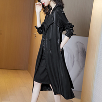 Black Hepburn wind drape windbreaker womens long over the knee British style fashion temperament lapel small blazer