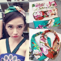 Korean version of high-end custom big name Chen Qiaoen same flower silk print headscarf hair band hair hoop beach vacation