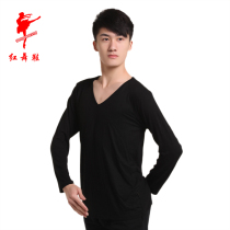 Red dance shoes Mens V-neck dance practice top Long sleeve fitness suit Latin dance top practice suit Aerobics suit