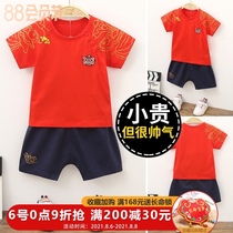 Hanfu boys Chinese style costume summer short-sleeved suit Cotton childrens Tang suit Red baby year-old catch week dress