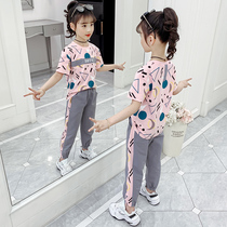  Girls  sports suit summer 2021 new Western style middle and large childrens summer short-sleeved two-piece tide childrens clothes 8 years old 9