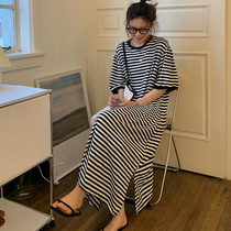 Pure Cotton Striped length Over Knee Sleeping Skirt Woman Tennis Red Ins Wind Big Code Loose T-Shirt Pyjamas pregnant woman Home Residence Summer