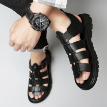 Tide Cards Mens Roman Sandals Summer Breathable Genuine Leather Youth Casual Open-toe Beach Shoes Outwear Bull Leather Sandals