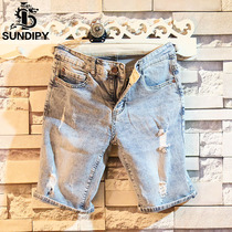 Summer Dongdaemun mens denim shorts wear out the tide brand trend hole slim five-point pants small straight feet in the pants