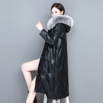 Leather down jacket womens winter sale 2021 New Haining large size fox fur collar long thick leather coat