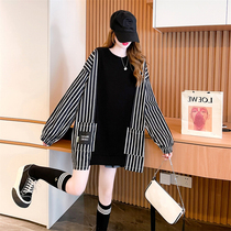 Pregnant Womens 2021 Autumn Korean Fake Two Pieces Splice Striped Sweater Womens Long Belly Loose Top Jacket